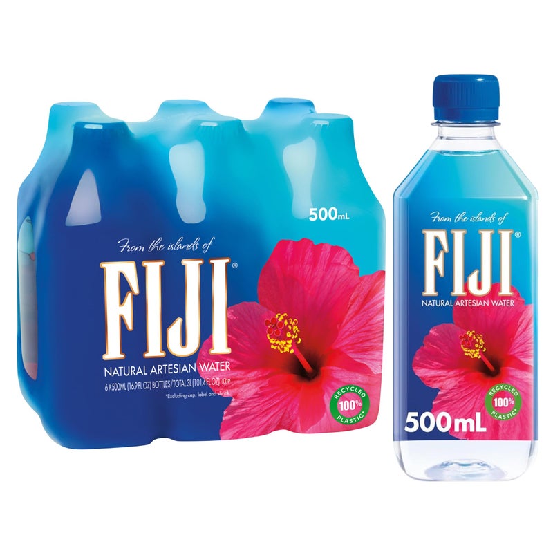 FIJI Natural Artesian Bottled Water 500 mL / 16.9 Fl Ounce (Pack of 6) - 100% Recycled Plastic - Image 1